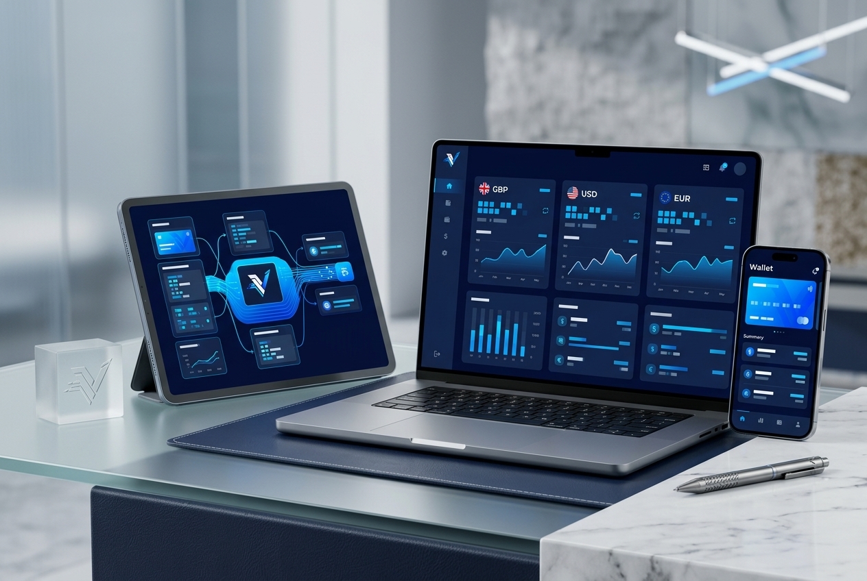 Premium VertexPay multi-currency account suite visual on modern devices