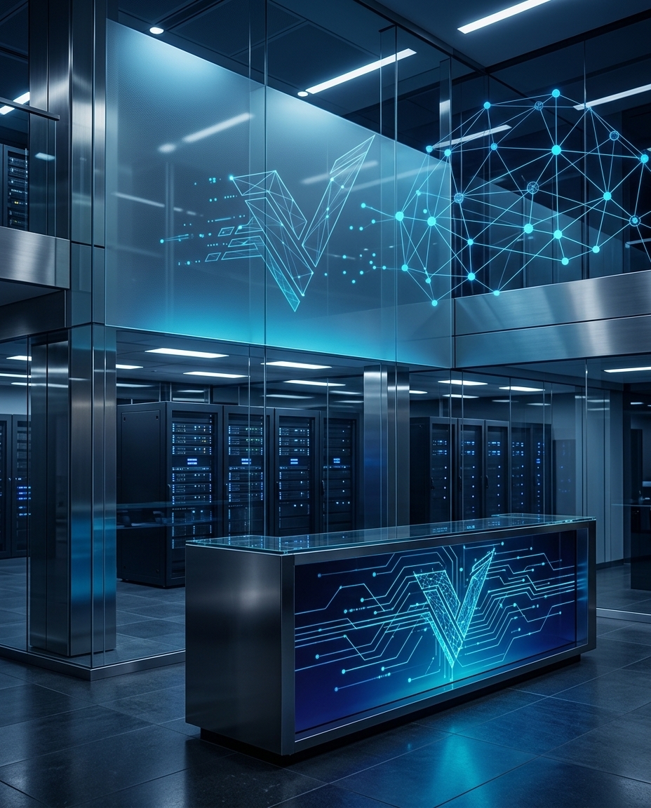 Secure corporate payment operations room with abstract banking network visuals
