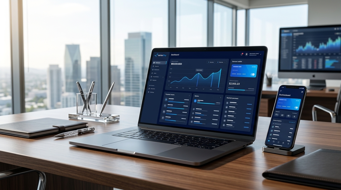 Photorealistic business payment wallet dashboard in a premium office environment