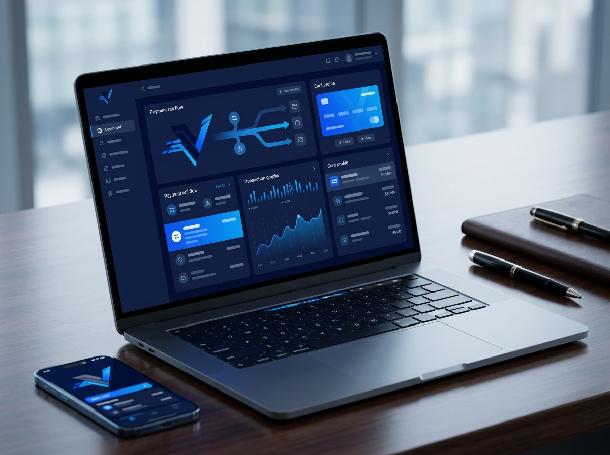 VertexPay web wallet dashboard on a laptop in a premium fintech workspace